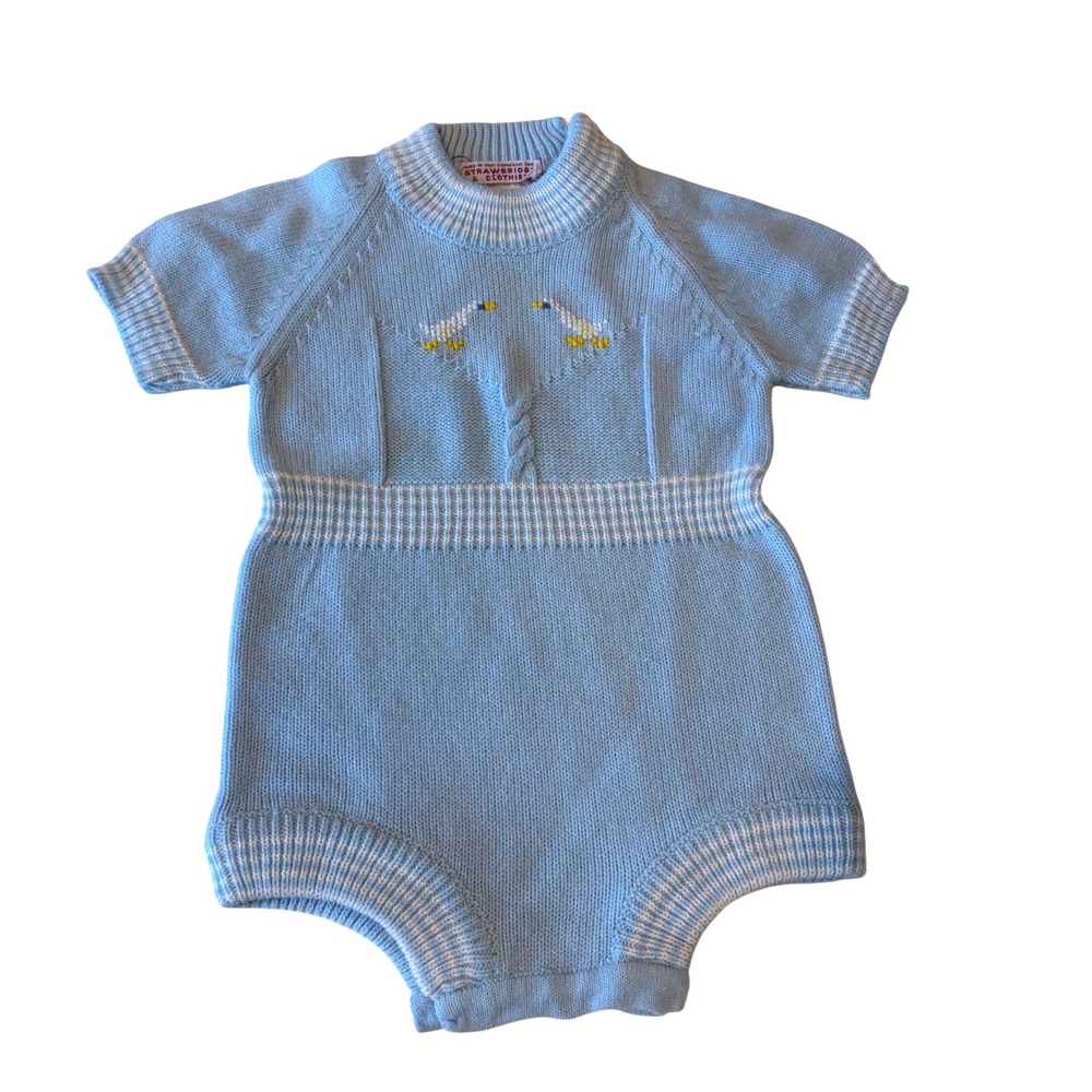 Vintage Strawbridge & Clothier Blue Knit Duck Romper Made in Italy infant